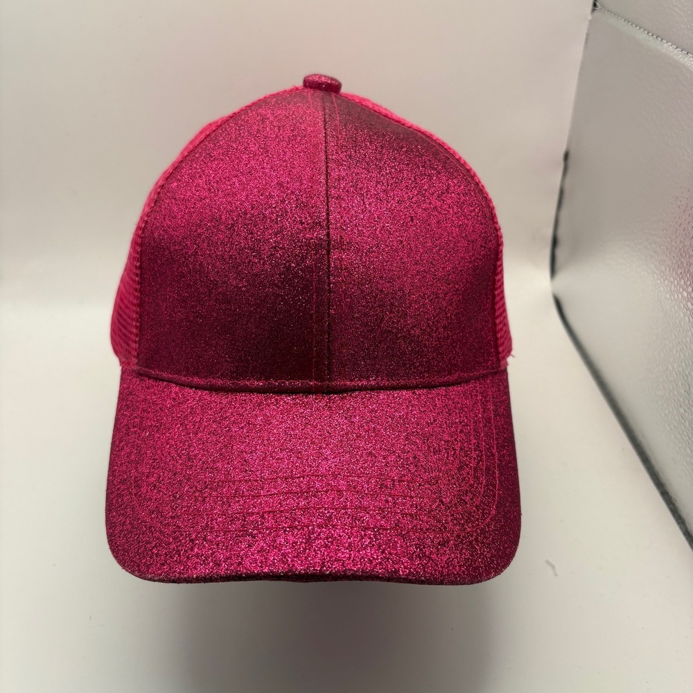 C.C Kids Pink Glitter Trucker Hat‎ Ponytail Messy Bun Mesh Back Cap Adjustable